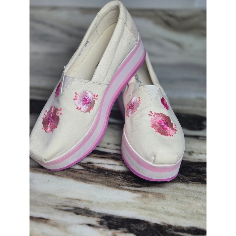 TOMS Alpargata Platform Shoes Cream Canvas Pink Floral Embroidered Slip On 8.5